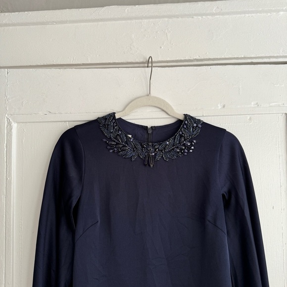 Rickie Freeman For Teri Jon Beaded Cape-Sleeve Satin Gown in Navy - Size 2 - Picture 3 of 14
